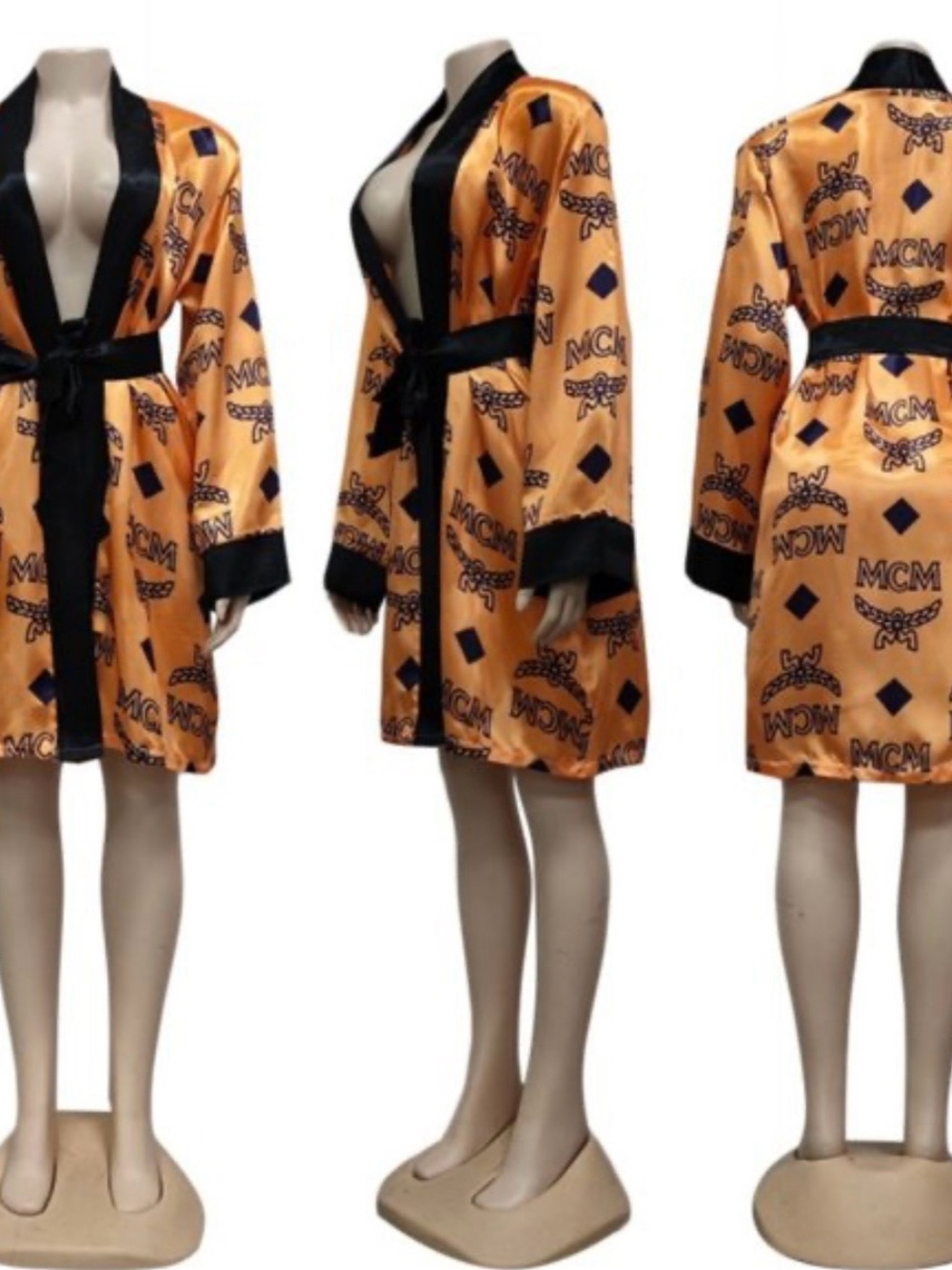 Peach Satin Robe with Black Trim and Tie Belt - Picture 7 of 8